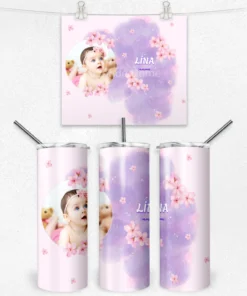 Sakura (Kiraz Çiçeği)  Mor Suluboya İsim ve Tarihli Kişiye Özel Fotoğraflı  Termos Matara Bardak Özel Set - Görsel 4