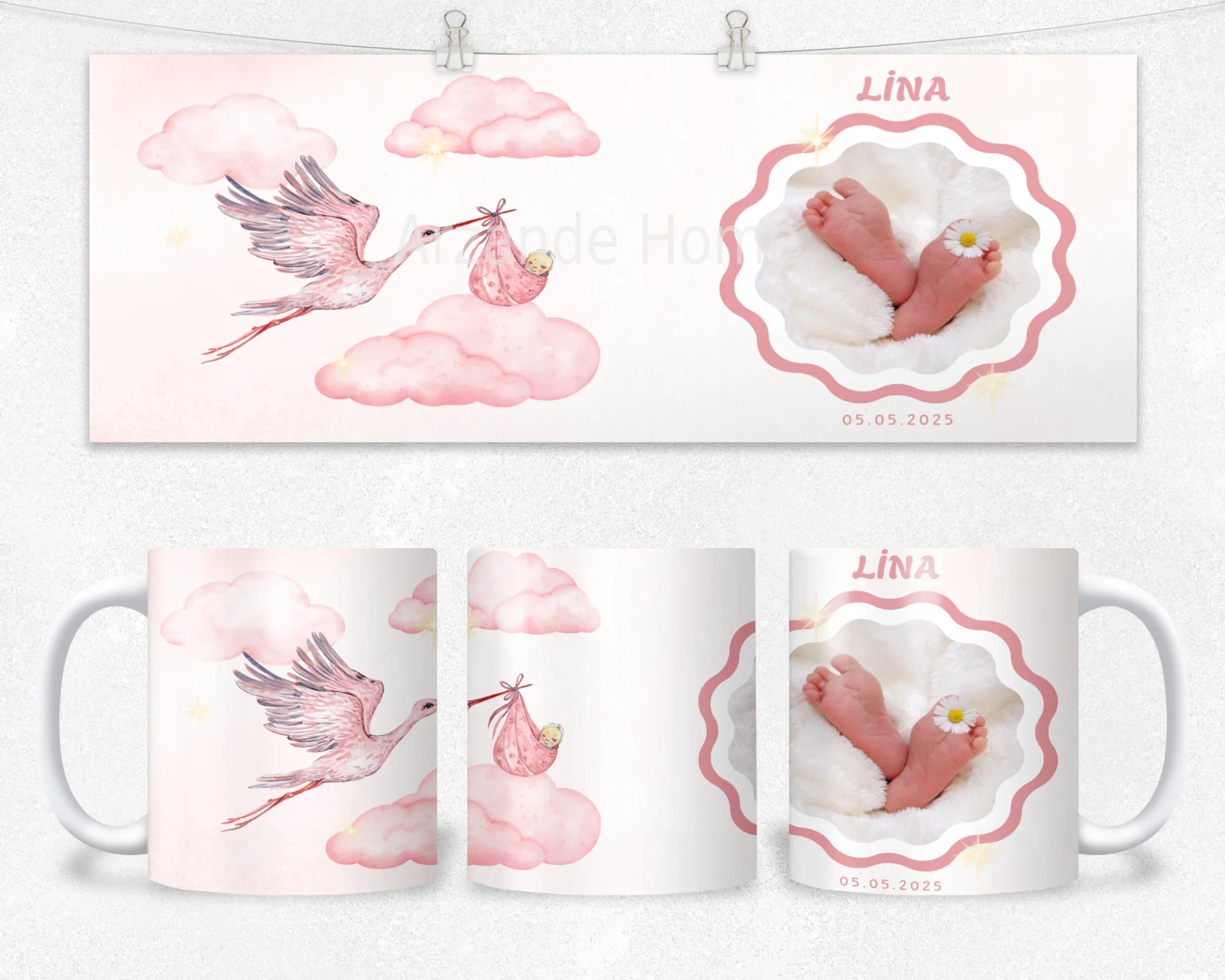 Pembe Leylek Yolculuğu İsim ve Tarihli Kişiye Özel Fotoğraflı Termos Matara Bardak Özel Set - Görsel 2