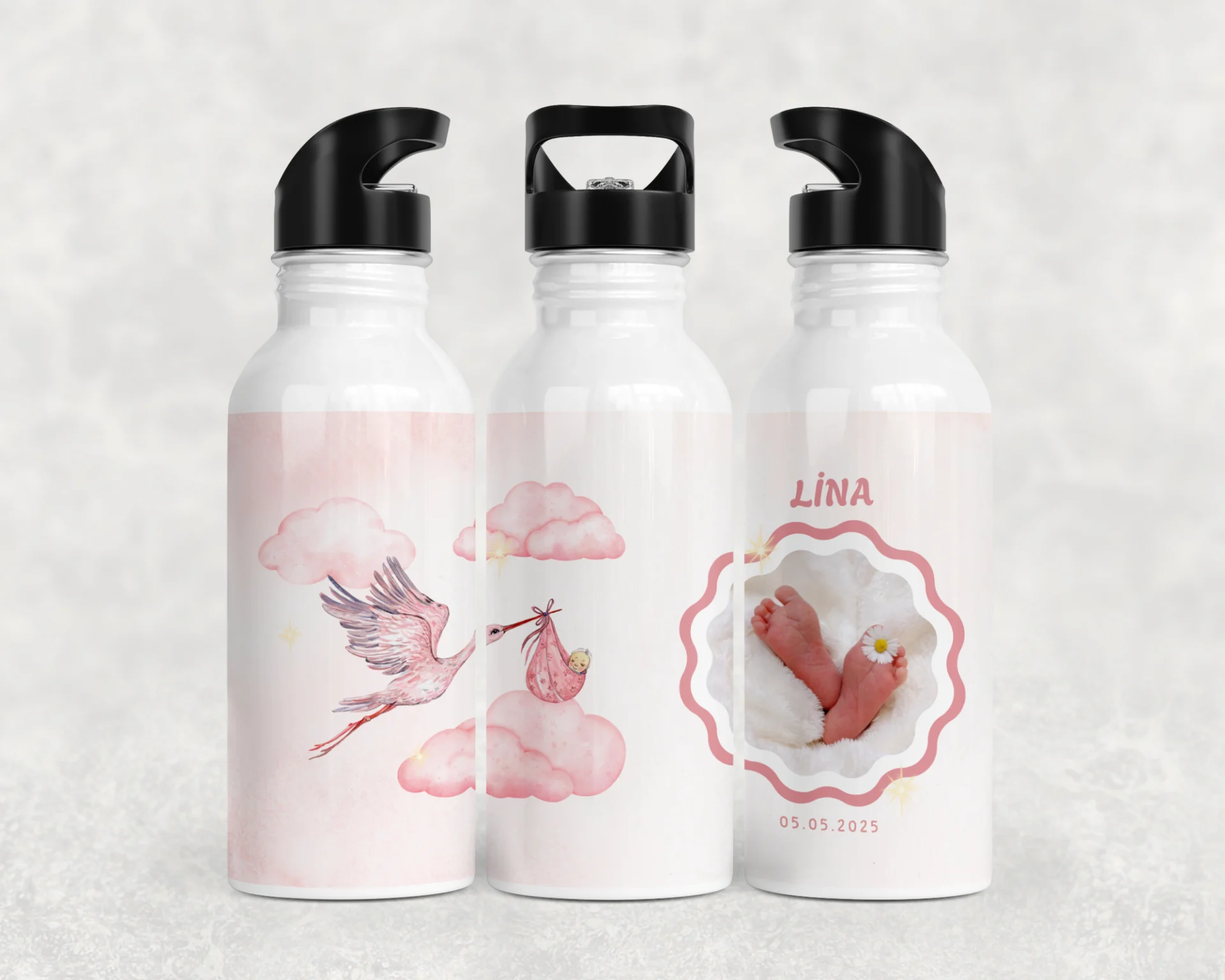 Pembe Leylek Yolculuğu İsim ve Tarihli Kişiye Özel Fotoğraflı Termos Matara Bardak Özel Set - Görsel 3
