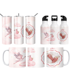 Pembe Leylek Yolculuğu İsim ve Tarihli Kişiye Özel Fotoğraflı  Termos Matara Bardak Özel Set