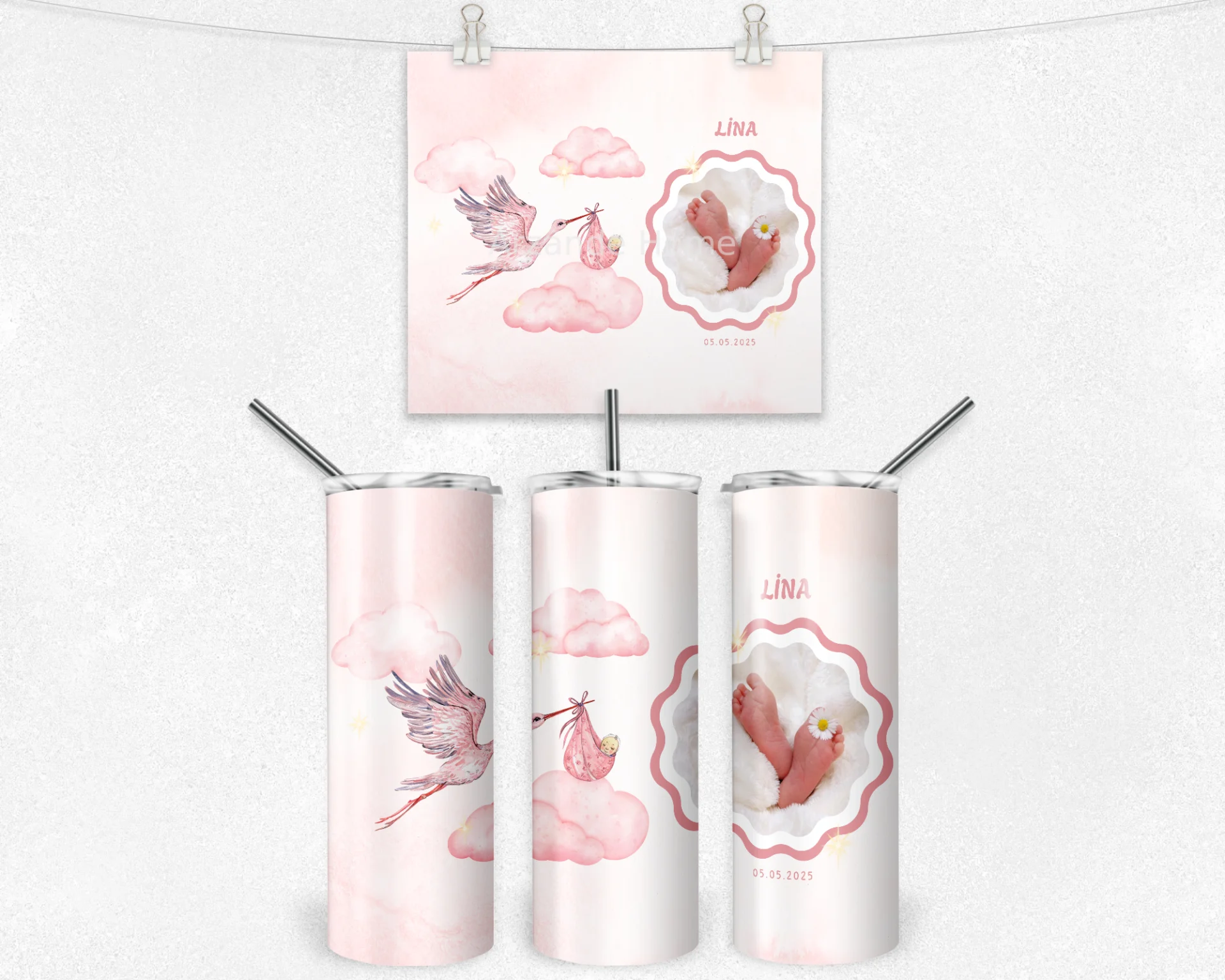 Pembe Leylek Yolculuğu İsim ve Tarihli Kişiye Özel Fotoğraflı Termos Matara Bardak Özel Set - Görsel 4