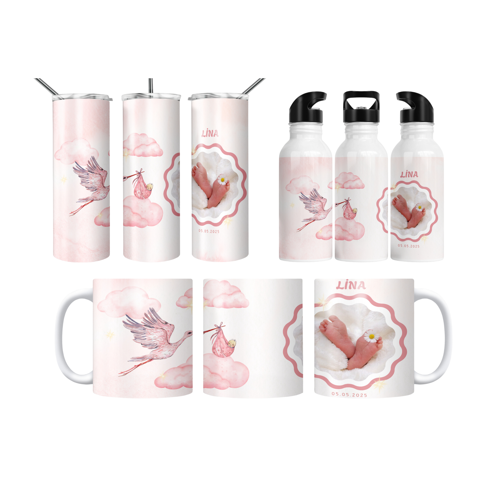 Pembe Leylek Yolculuğu İsim ve Tarihli Kişiye Özel Fotoğraflı Termos Matara Bardak Özel Set