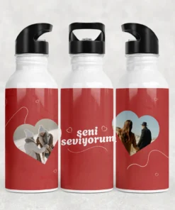 Seni Seviyorum Çift Fotoğraflı Kişiye Özel  Termos Matara Bardak Özel Set - Görsel 3