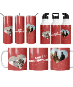 Seni Seviyorum Çift Fotoğraflı Kişiye Özel  Termos Matara Bardak Özel Set