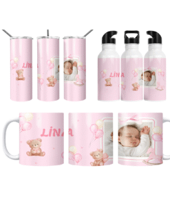 Pembe Ayıcık Balonlar Kişiye Özel Fotoğraflı  Termos Matara Bardak Özel Set