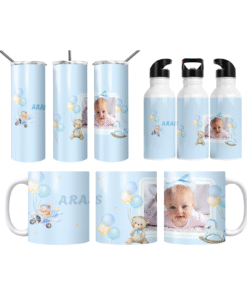 Mavi Ayıcık Uçak Balonlar Kişiye Özel Fotoğraflı  Termos Matara Bardak Özel Set