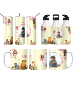 Orman Dostları Çiçekli Kişiye Özel Fotoğraflı Termos Matara Bardak Özel Set