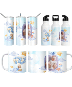 Mavi Balon Ayıcık Rüyası Kişiye Özel Fotoğraflı Termos Matara Bardak Özel Set