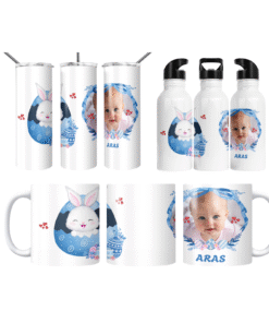 Bahar Tavşanı Mavi Yumurtalar Kişiye Özel Fotoğraflı  Termos Matara Bardak Özel Set