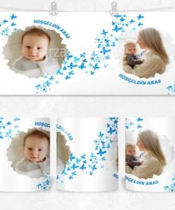 Alternative view of Mavi Kelebekler Hoş Geldin  Çift Fotoğraflı Kişiye Özel  Termos Matara Bardak Özel Set