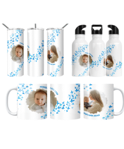 Mavi Kelebekler Hoş Geldin  Çift Fotoğraflı Kişiye Özel  Termos Matara Bardak Özel Set