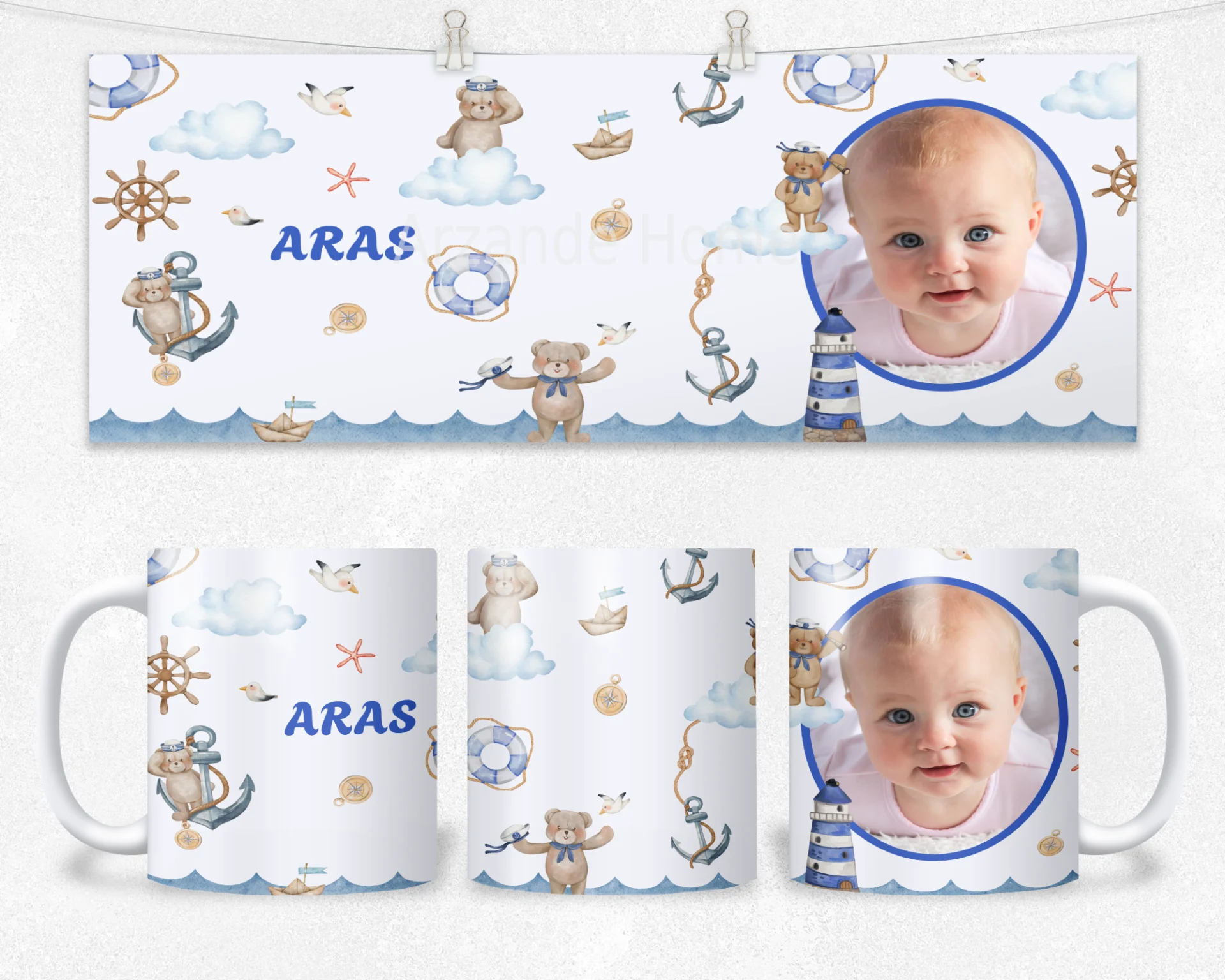 Denizci Ayıcıklar Nautical Temalı Kişiye Özel Fotoğraflı Termos Matara Bardak Özel Set - Görsel 2