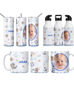 Denizci Ayıcıklar Nautical Temalı Kişiye Özel Fotoğraflı  Termos Matara Bardak Özel Set