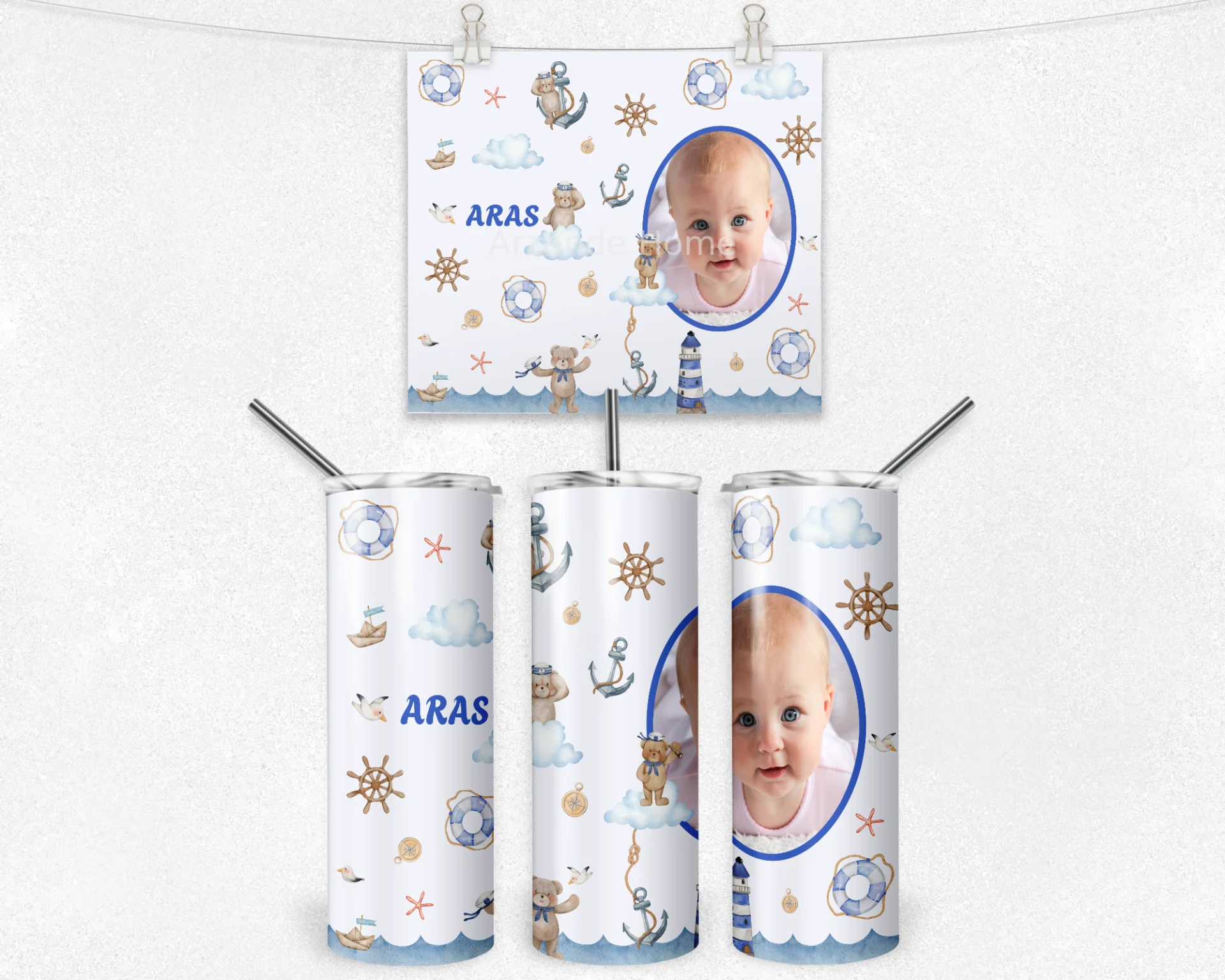 Denizci Ayıcıklar Nautical Temalı Kişiye Özel Fotoğraflı Termos Matara Bardak Özel Set - Görsel 4