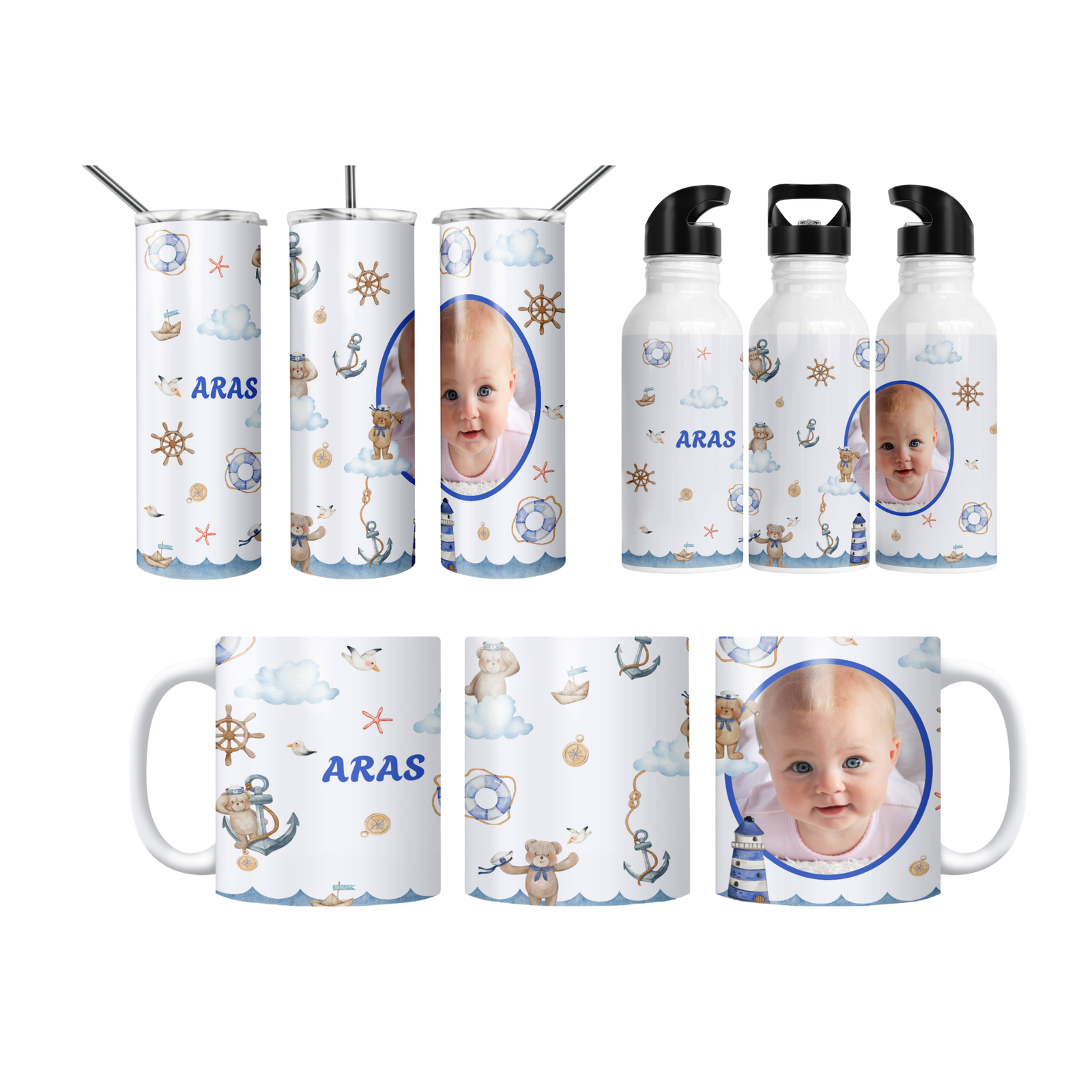 Denizci Ayıcıklar Nautical Temalı Kişiye Özel Fotoğraflı Termos Matara Bardak Özel Set