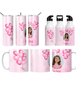 Pembe Balon Partisi Kişiye Özel Fotoğraflı  Termos Matara Bardak Özel Set