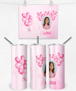 Pembe Balon Partisi Kişiye Özel Fotoğraflı  Termos Matara Bardak Özel Set - Görsel 4