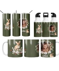 Orman Tavşanı Çiçek Çelengi Kişiye Özel Fotoğraflı Termos Matara Bardak Özel Set