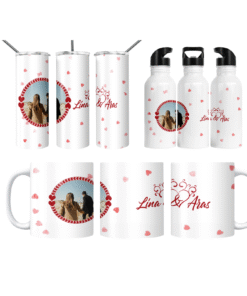 Kalp Çemberi Çift İsimli Fotoğraflı Romantik Termos Matara Bardak Özel Set