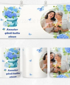 Alternative view of Mavi Ortanca Anneler Günü Kişiye Özel Fotoğraflı  Termos Matara Bardak Özel Set
