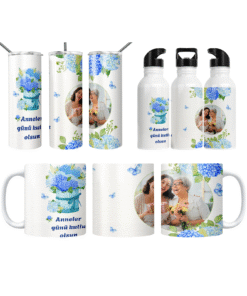 Mavi Ortanca Anneler Günü Kişiye Özel Fotoğraflı Termos Matara Bardak Özel Set