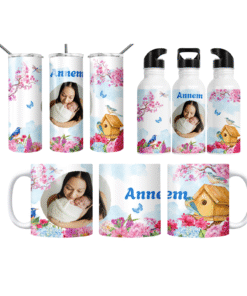 Annem Kuş Yuvası Çiçek Bahçesi Kişiye Özel Fotoğraflı Termos Matara Bardak Özel Set