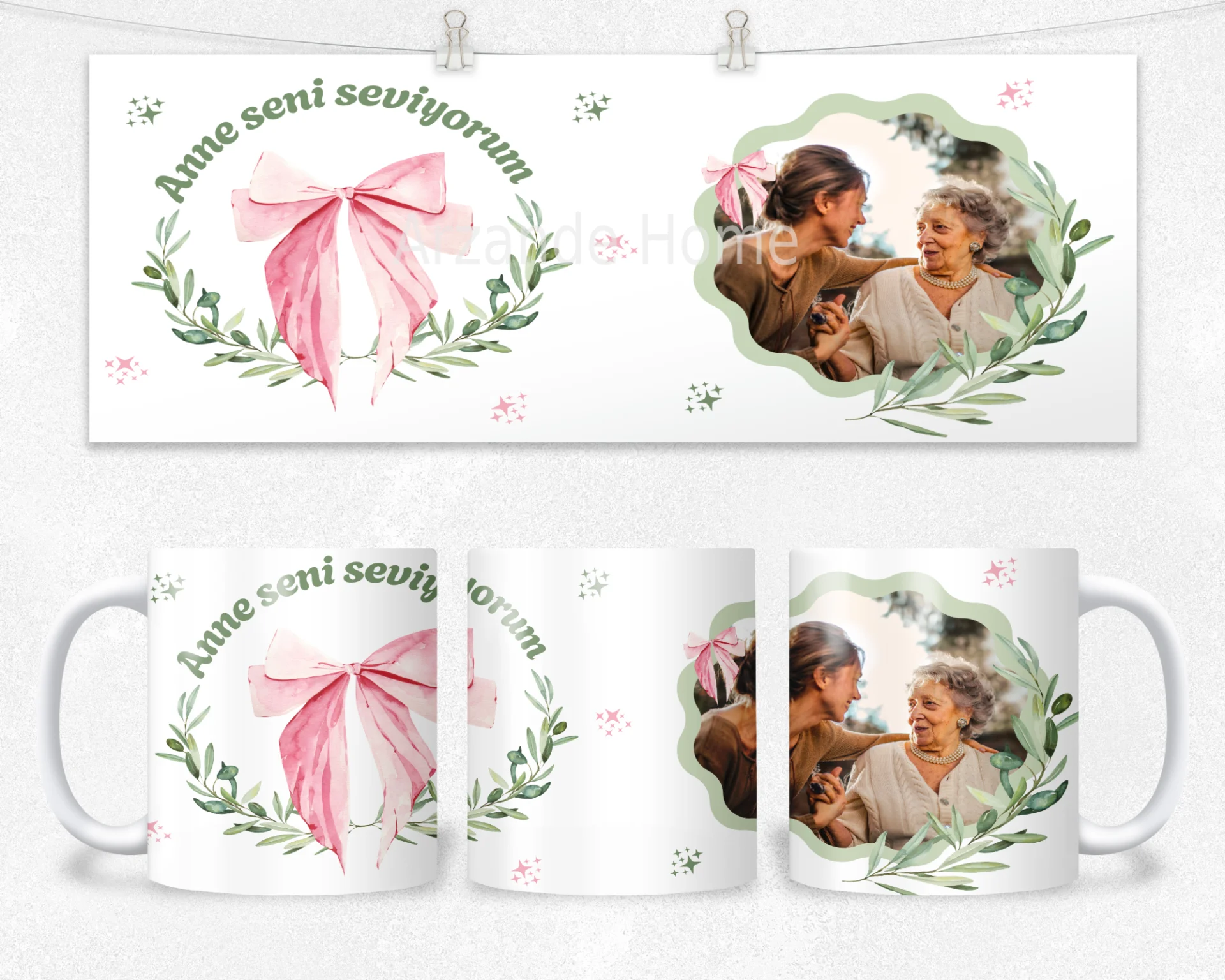 Anne Seni Seviyorum Zeytin Dalı Çelengi Fotoğraflı Termos Matara Bardak Özel Set - Görsel 2