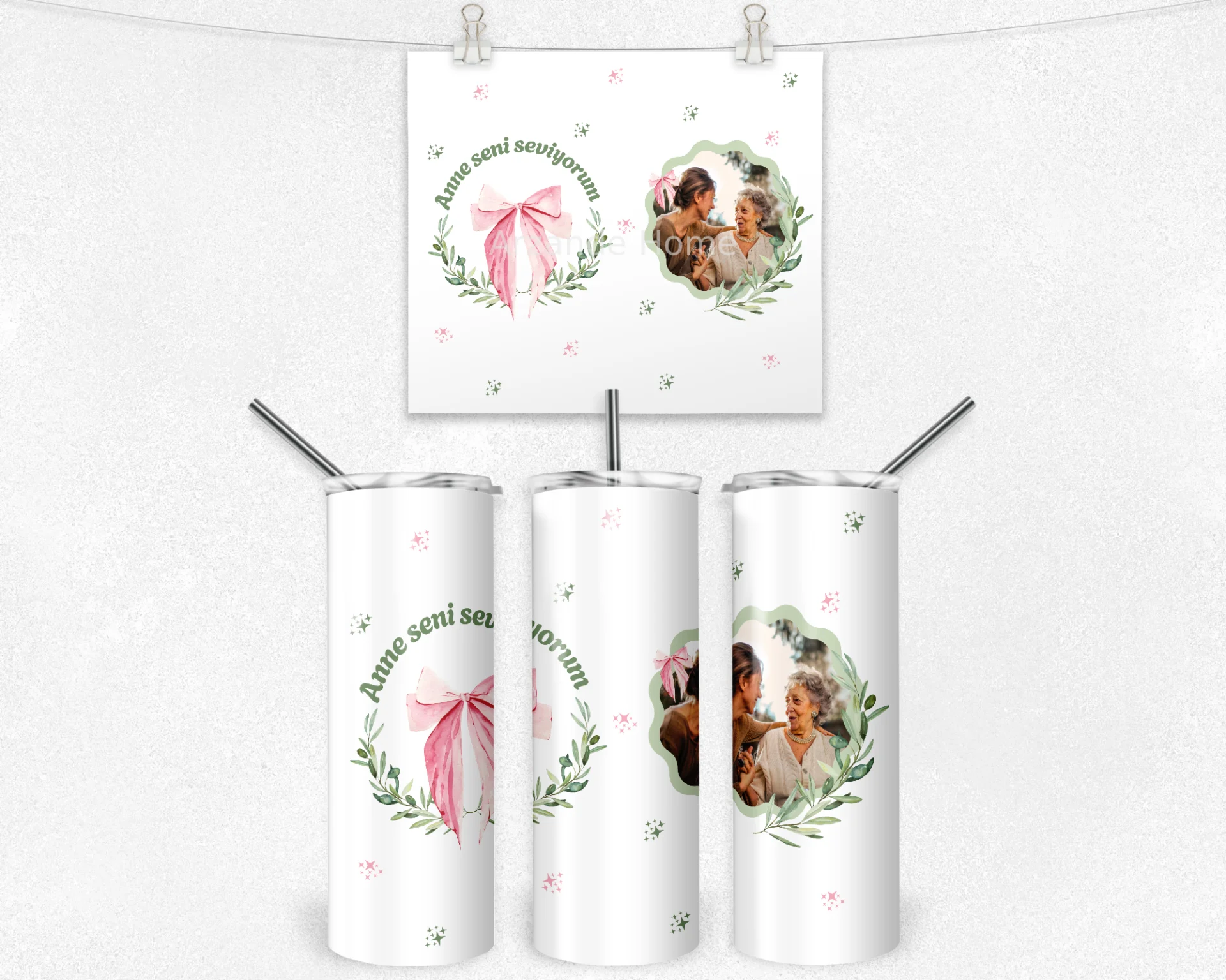 Anne Seni Seviyorum Zeytin Dalı Çelengi Fotoğraflı Termos Matara Bardak Özel Set - Görsel 4