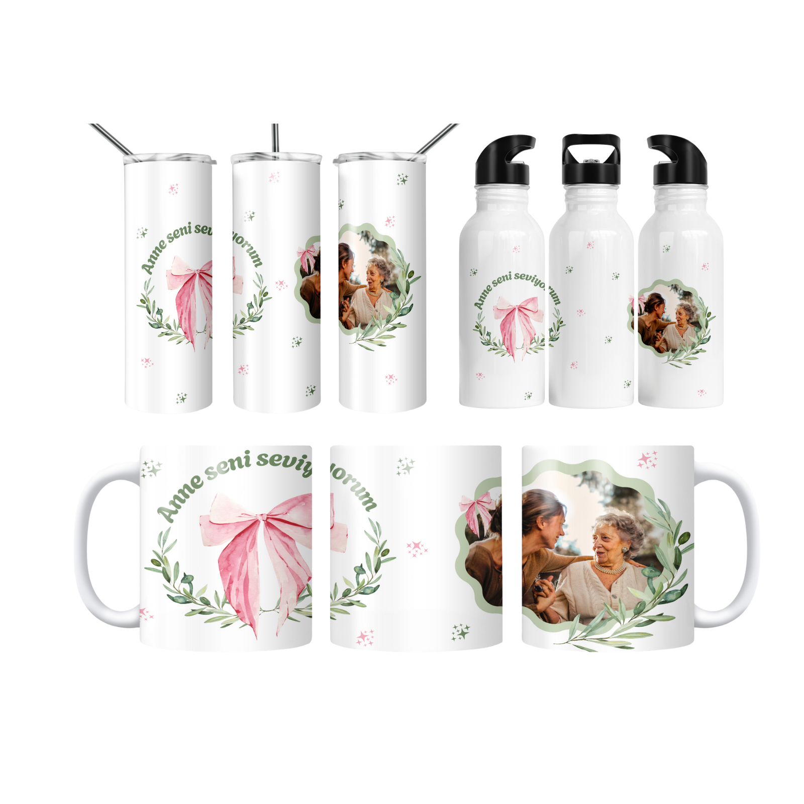 Anne Seni Seviyorum Zeytin Dalı Çelengi Fotoğraflı Termos Matara Bardak Özel Set