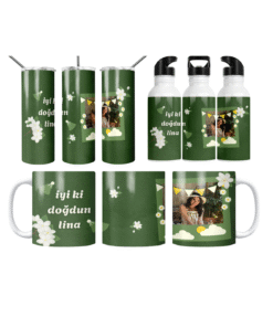 Yeşil Çiçekli İyi Ki Doğdun Termos Matara Bardak Özel Set