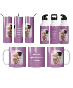 Lila Çiçekli Anneler Günü Termos Matara Bardak Özel Set