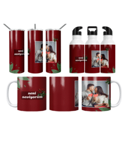 Kırmızı Gül Seni Seviyorum Termos Matara Bardak Özel Set
