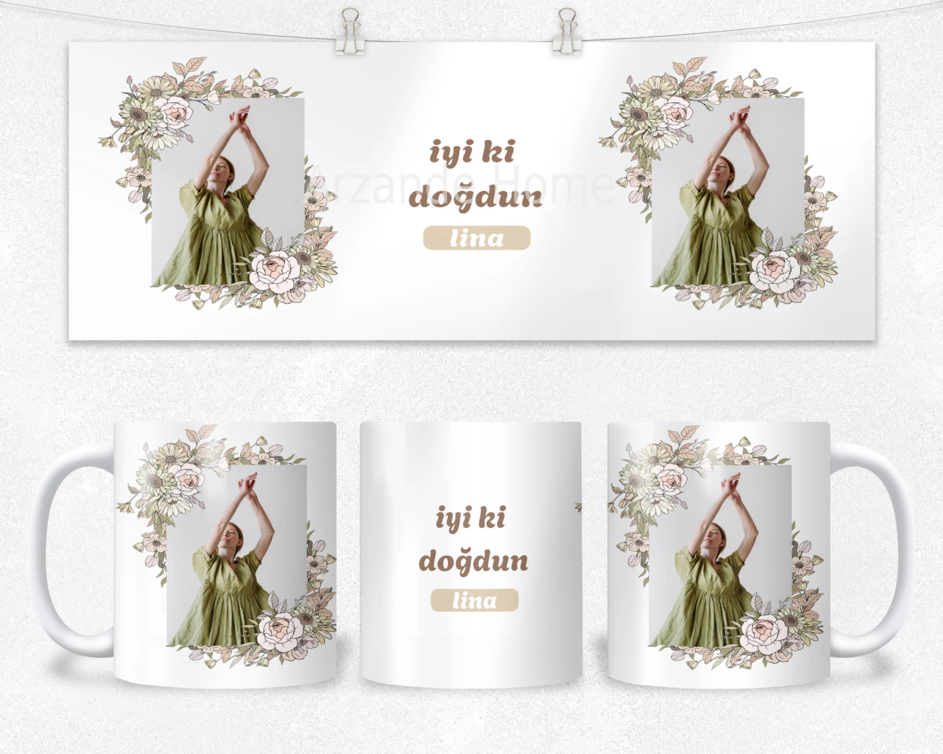 Pastel Çiçek Çerçeveli İyi Ki Doğdun Termos Matara Bardak Özel Set - Görsel 2