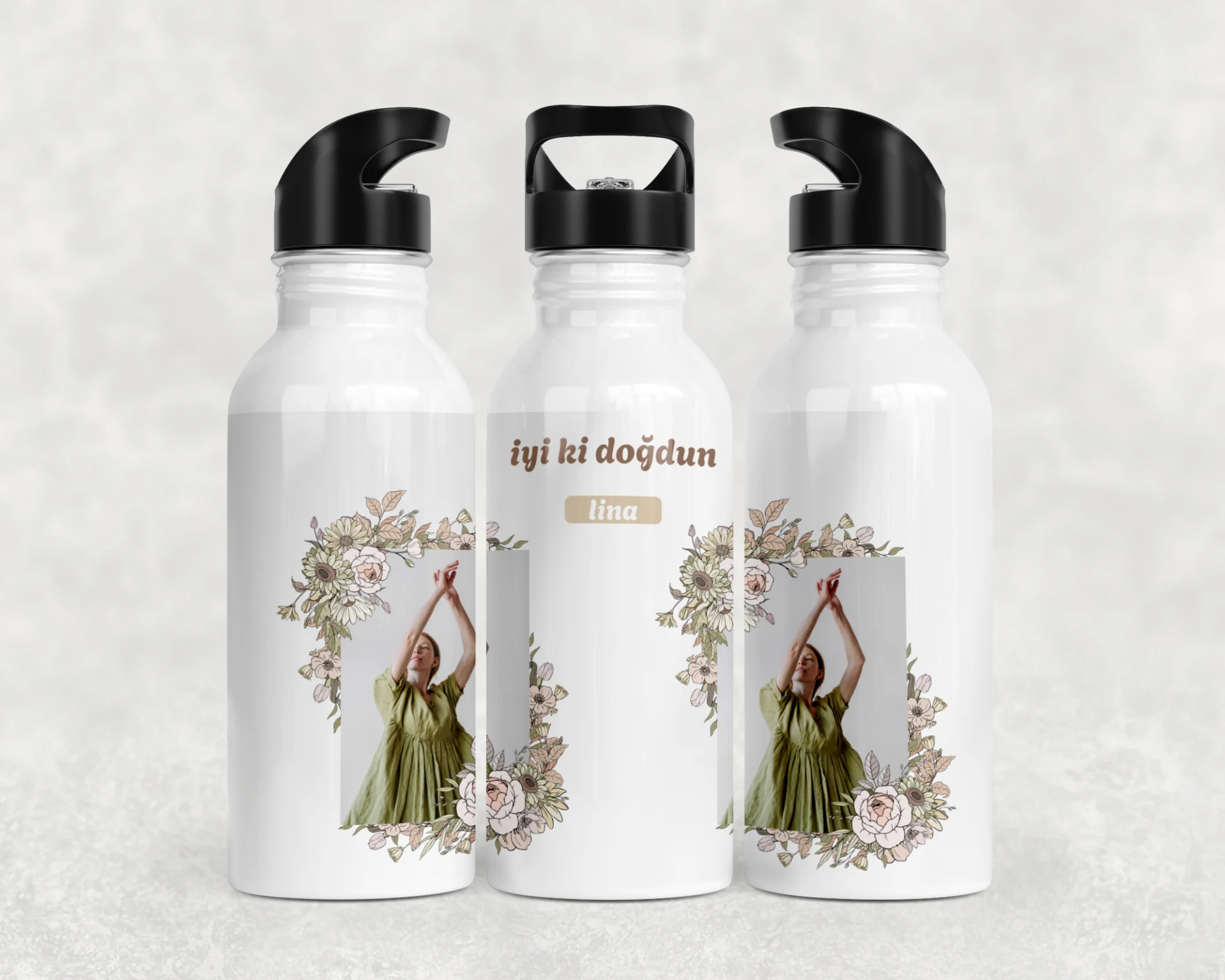 Pastel Çiçek Çerçeveli İyi Ki Doğdun Termos Matara Bardak Özel Set - Görsel 3