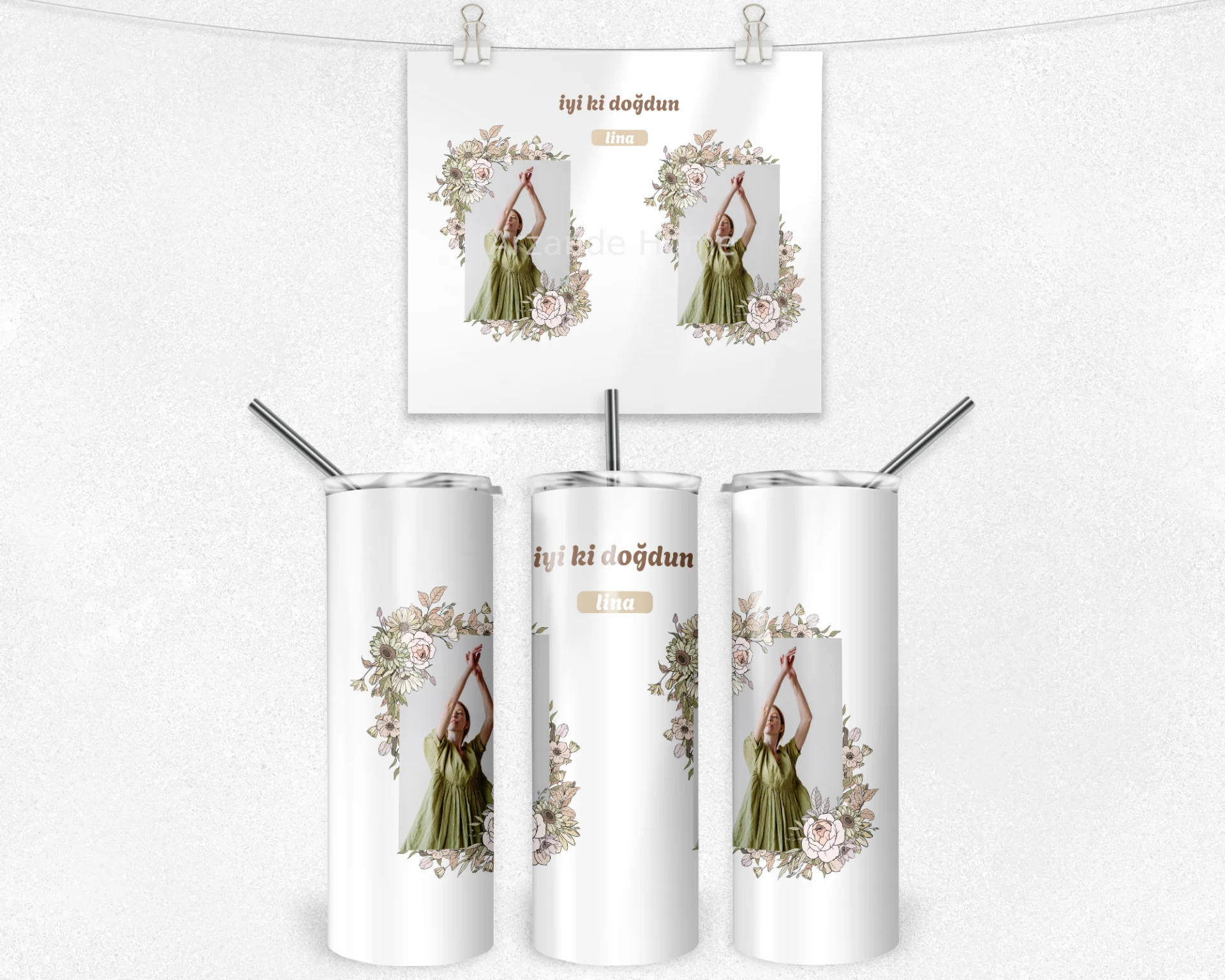 Pastel Çiçek Çerçeveli İyi Ki Doğdun Termos Matara Bardak Özel Set - Görsel 4