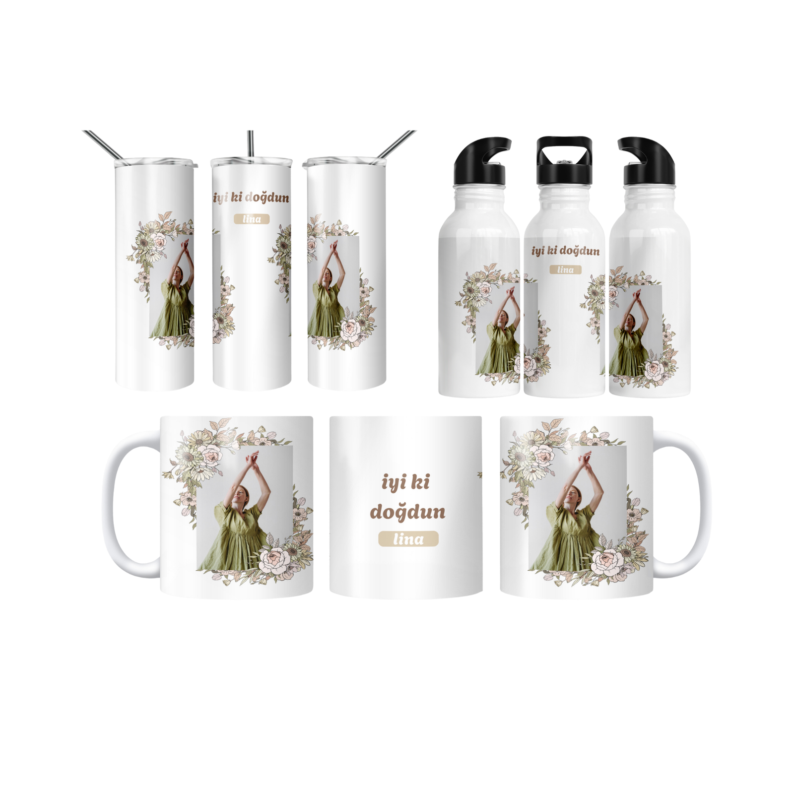Pastel Çiçek Çerçeveli İyi Ki Doğdun Termos Matara Bardak Özel Set