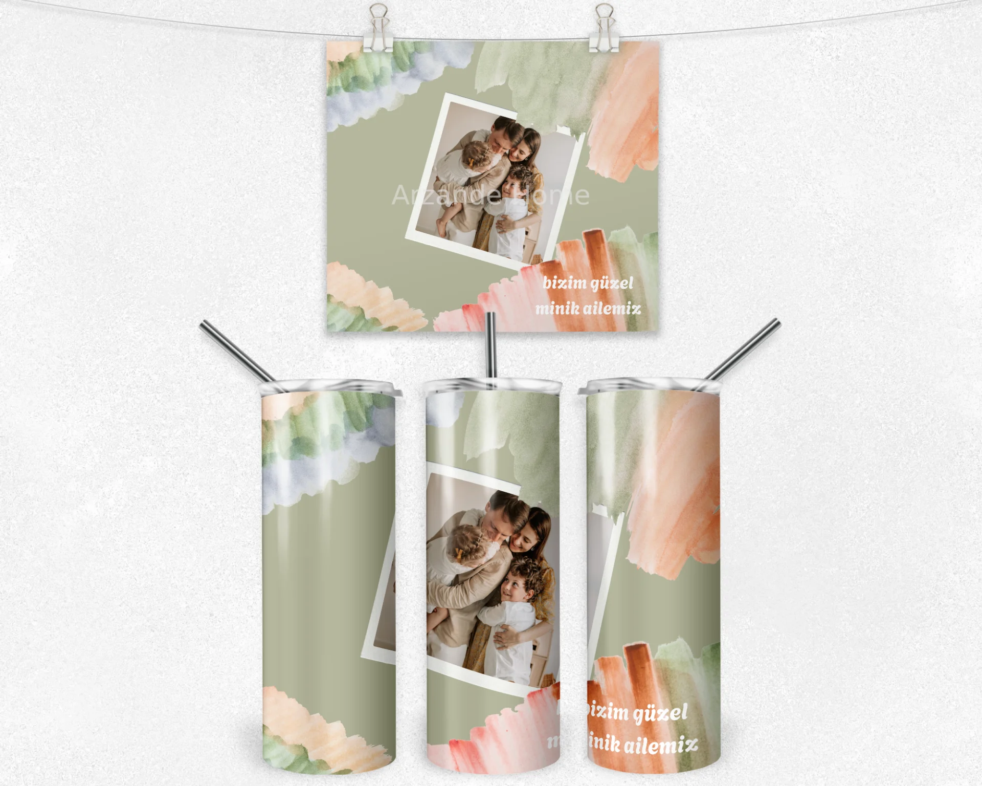 Akvarel Aile Kolajı Termos Matara Bardak Özel Set - Görsel 4