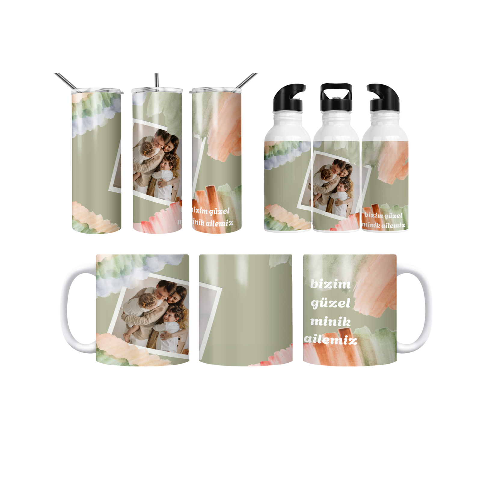 Akvarel Aile Kolajı Termos Matara Bardak Özel Set