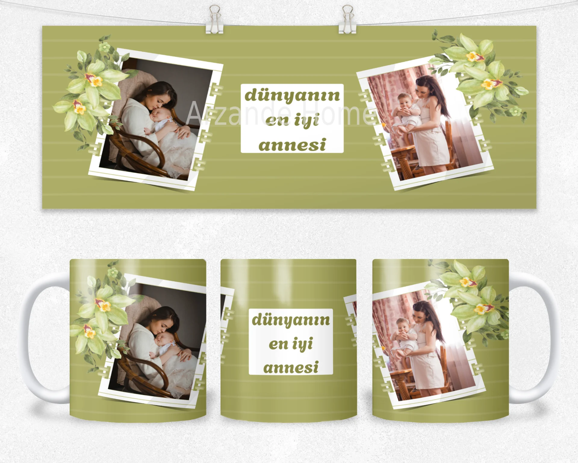 Yeşil Orkide “Dünyanın En İyi Annesi” Termos Matara Bardak Özel Set - Görsel 2