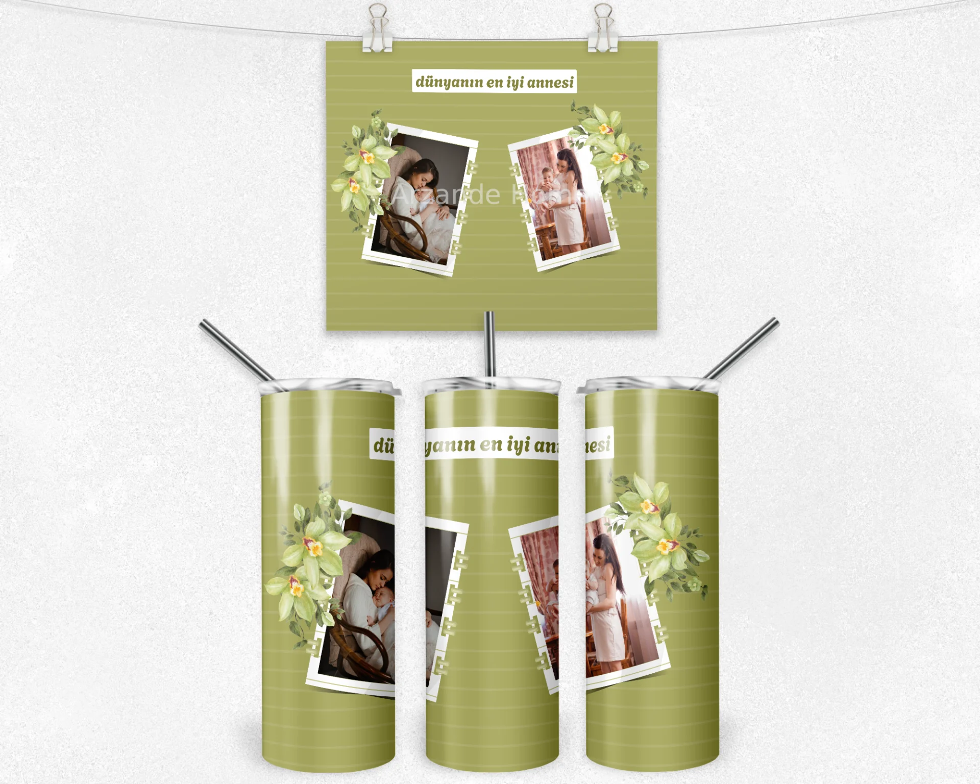 Yeşil Orkide “Dünyanın En İyi Annesi” Termos Matara Bardak Özel Set - Görsel 4