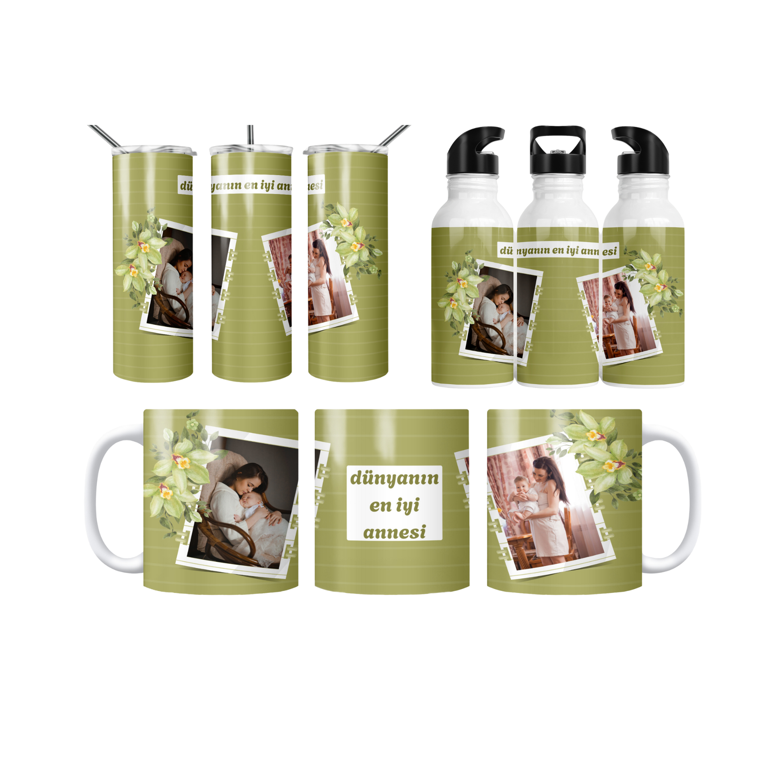 Yeşil Orkide “Dünyanın En İyi Annesi” Termos Matara Bardak Özel Set
