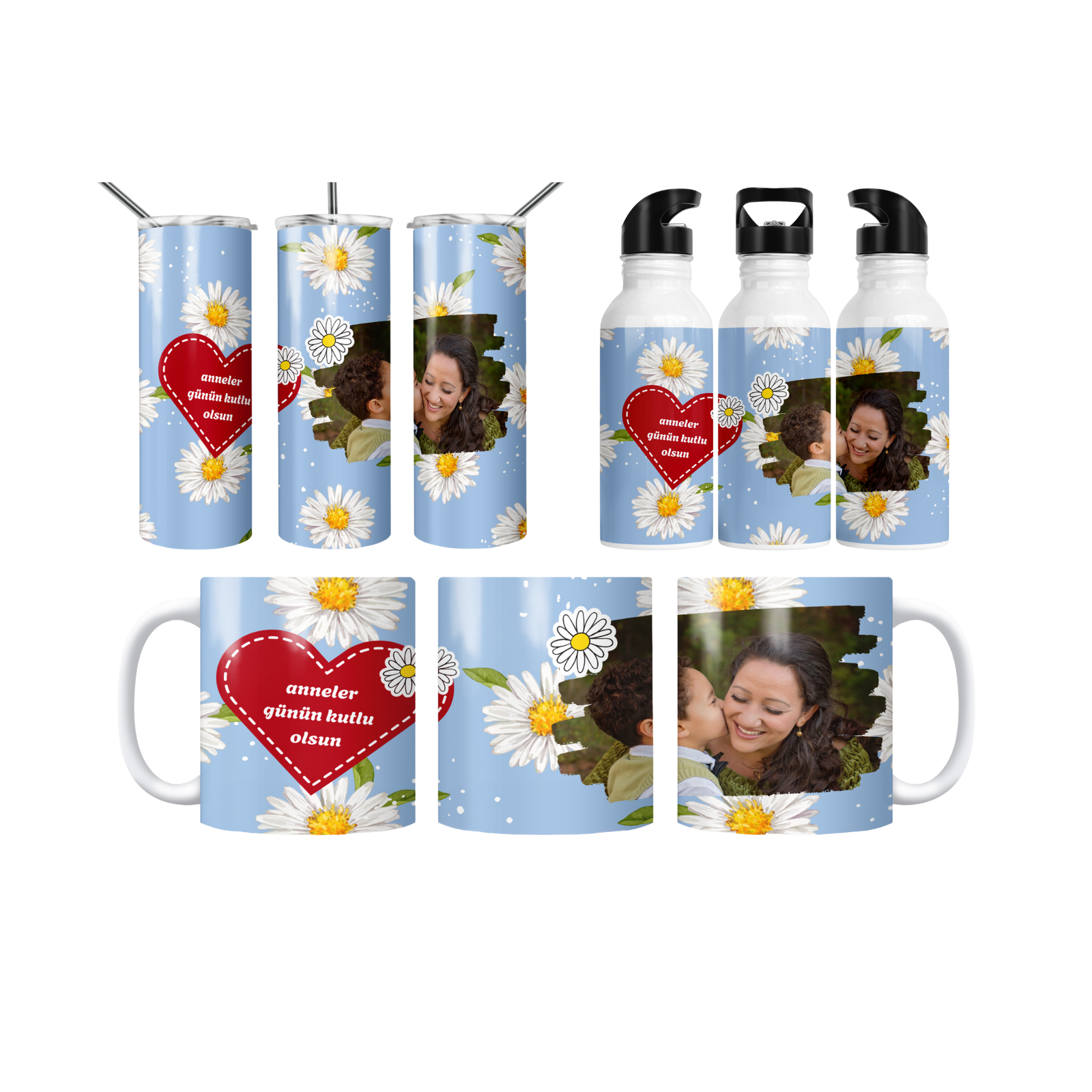 Papatya Kalpli Anneler Günü Termos Matara Bardak Özel Set