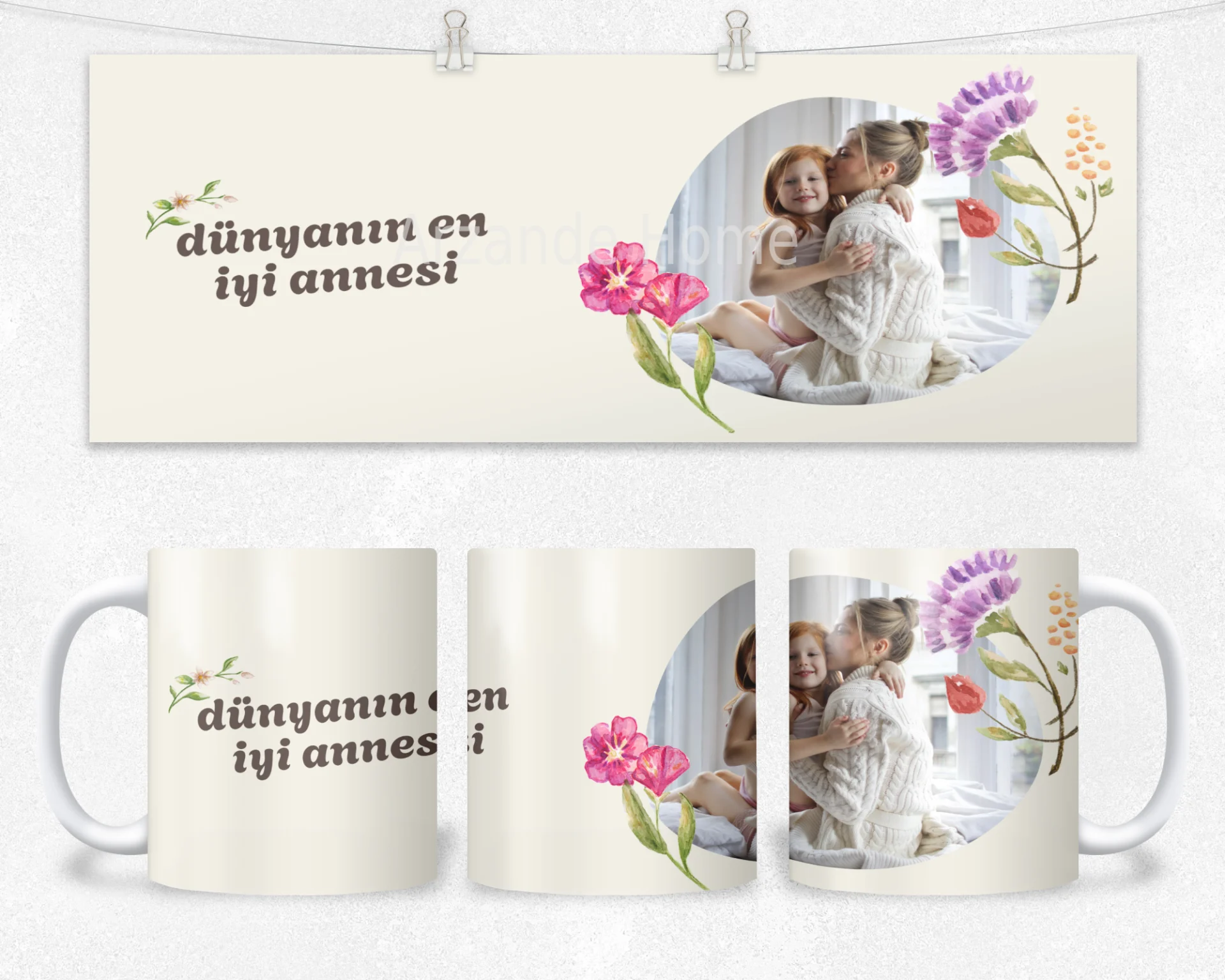 Akvarel Çiçek Dünyanın En İyi Annesi Termos Matara Bardak Özel Set - Görsel 2