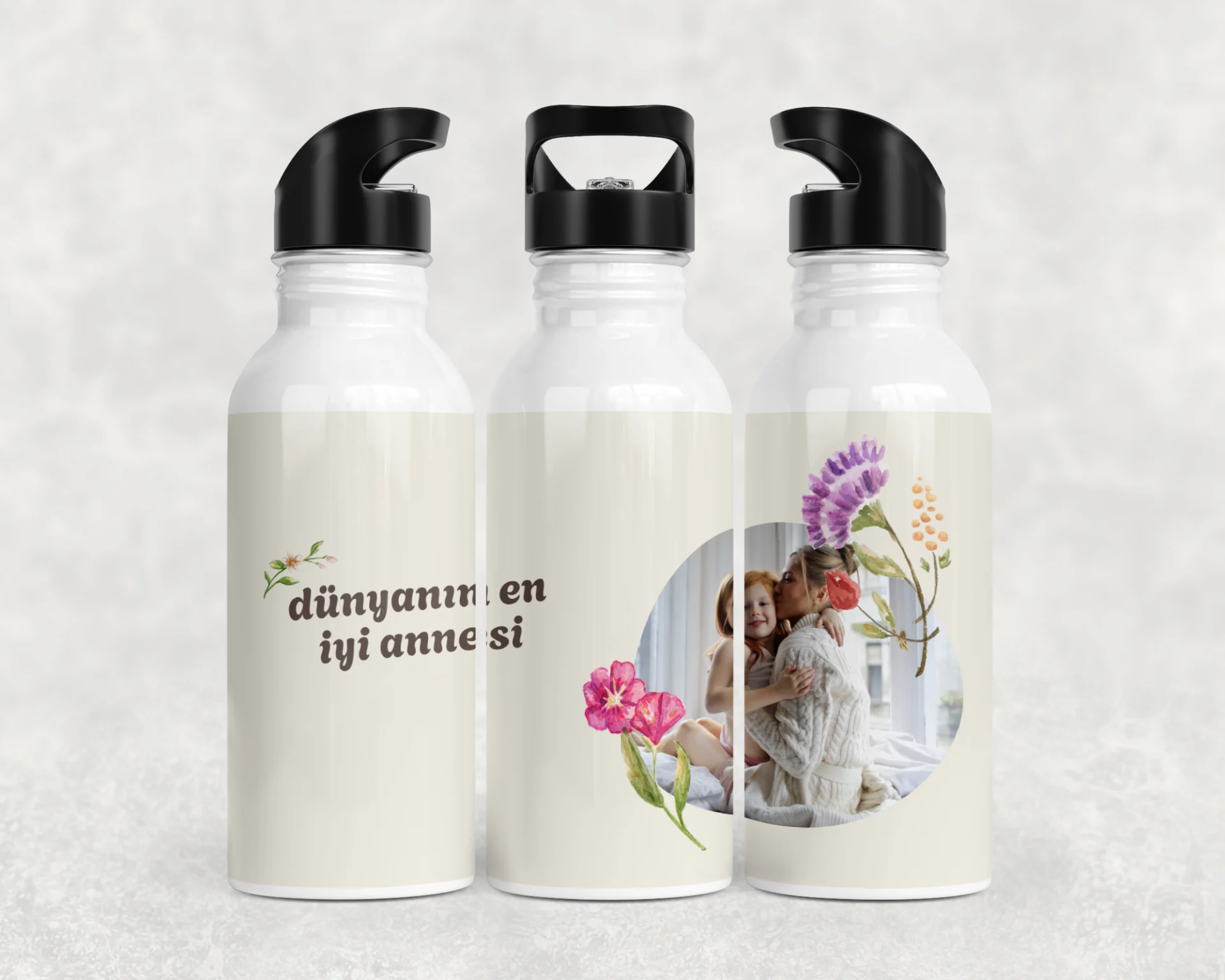 Akvarel Çiçek Dünyanın En İyi Annesi Termos Matara Bardak Özel Set - Görsel 3