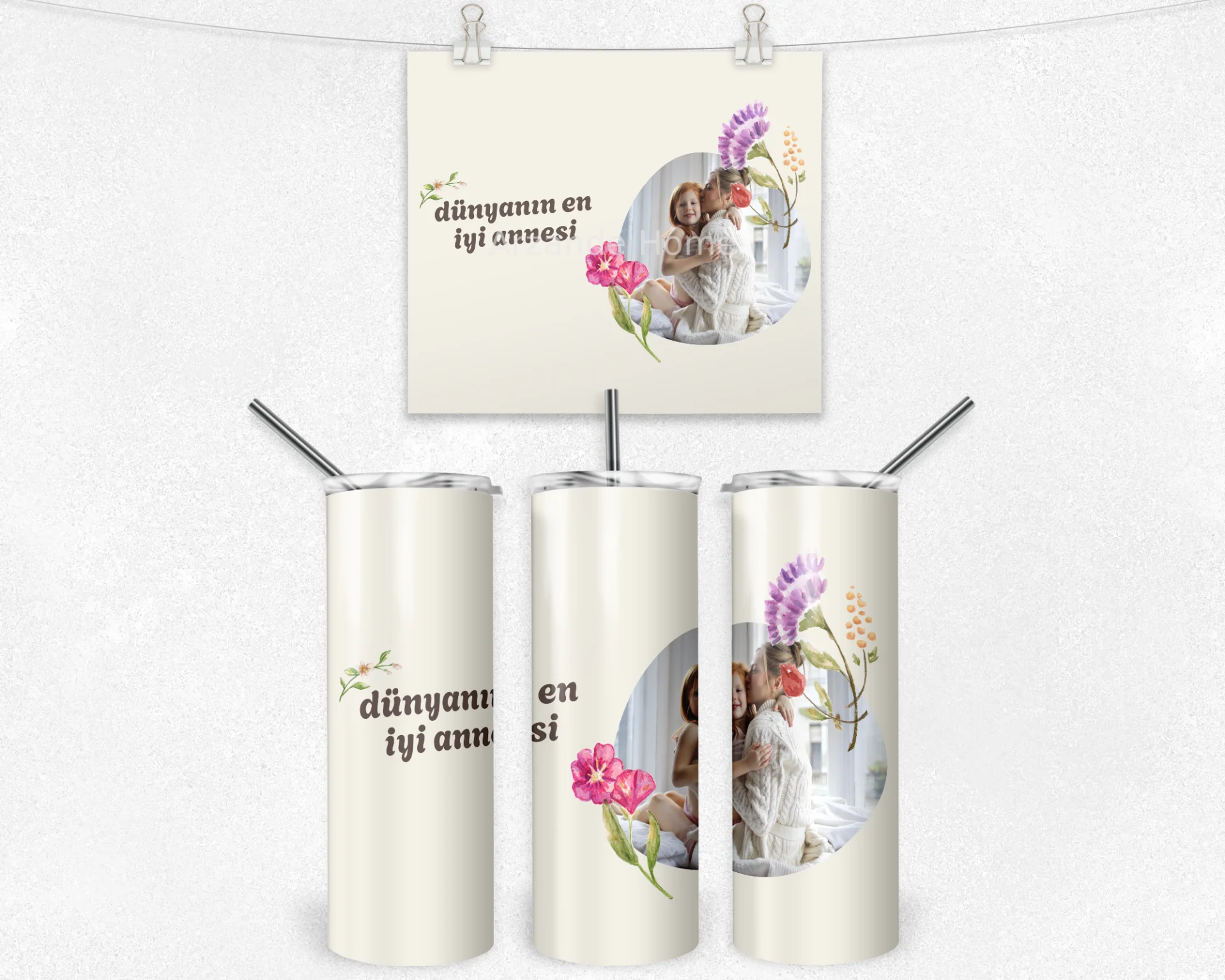 Akvarel Çiçek Dünyanın En İyi Annesi Termos Matara Bardak Özel Set - Görsel 4