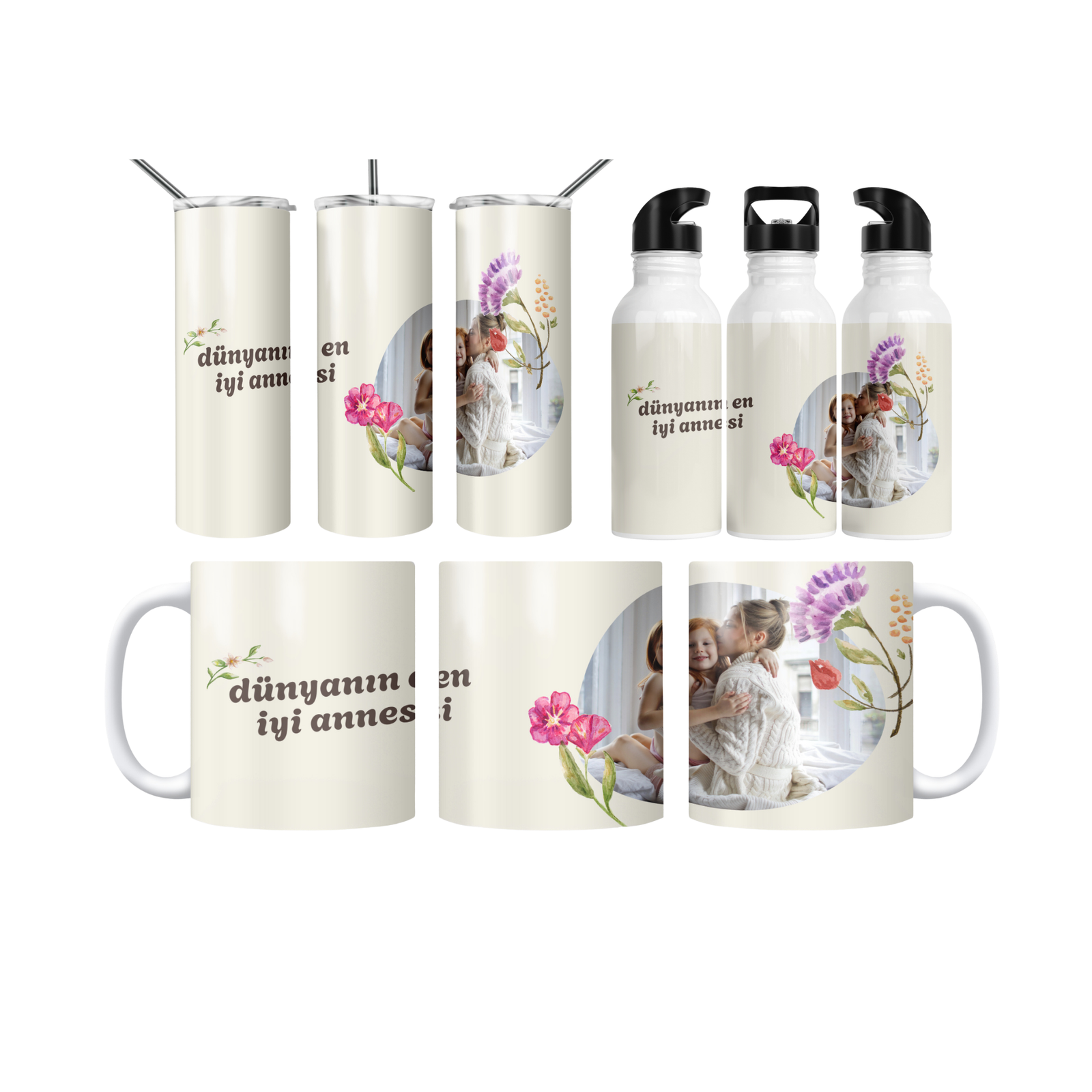 Akvarel Çiçek Dünyanın En İyi Annesi Termos Matara Bardak Özel Set