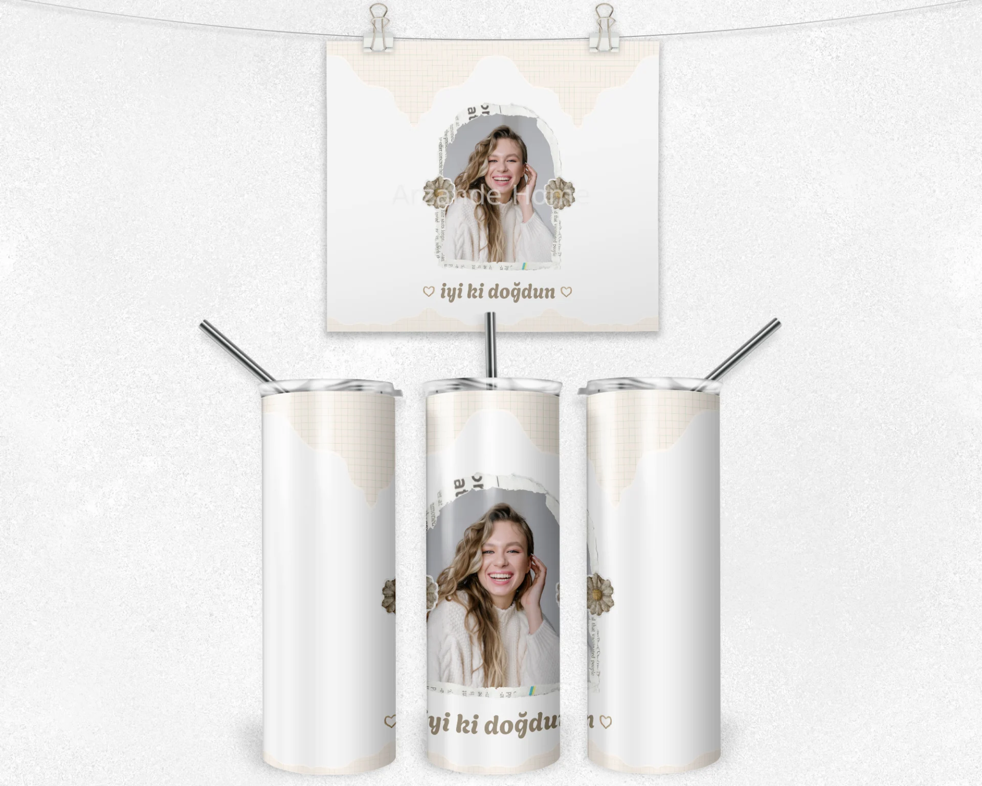 Vintage Scrapbook İyi Ki Doğdun Termos Matara Bardak Özel Set - Görsel 4