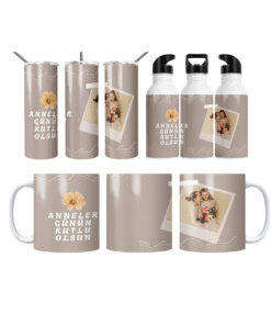 Bej Polaroid Anneler Günü Termos Matara Bardak Özel Set