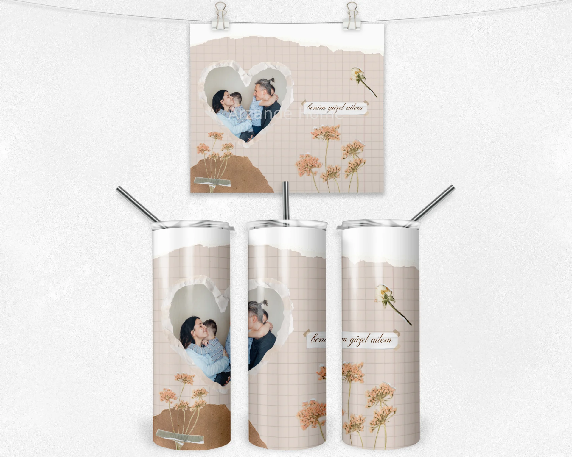 Vintage Kolaj Benim Güzel Ailem Termos Matara Bardak Özel Set - Görsel 4