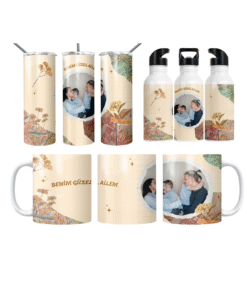 Vintage Harita Kolaj Benim Güzel Ailem Termos Matara Bardak Özel Set